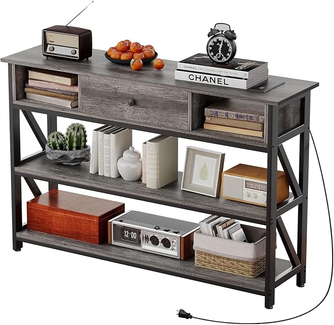 Mexin Console Table with Outlets and USB Ports, Entryway Table with Drawer Storage Shelves, Industrial Wood Hallway Sofa Table for Living Room, Couch, Foyer Table, 47 Inch Grey Oak