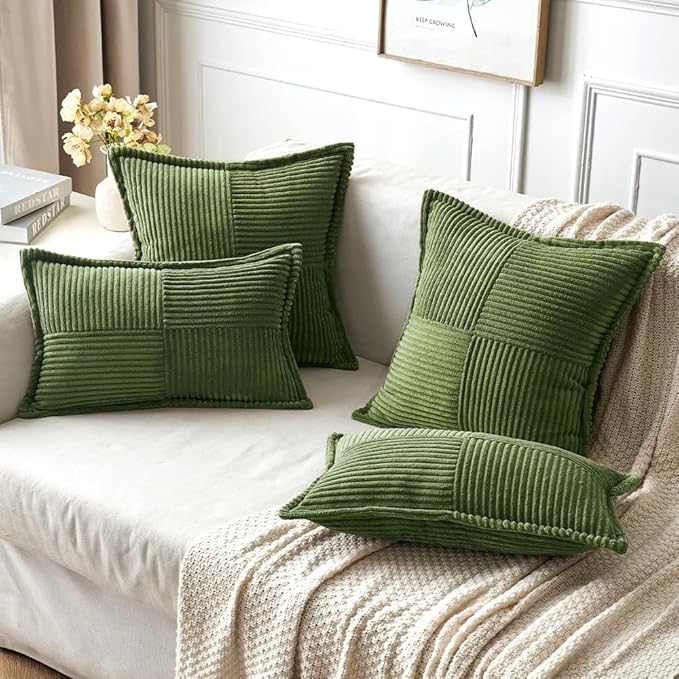 MIULEE Decorative Throw Pillow Covers for Couch Bed Livingroom 20x20 Inch Set of 2 Moss Green Boho Accent Throw Pllows Broadside Striped Patchwork Soft Corduroy Summer Pillowcases