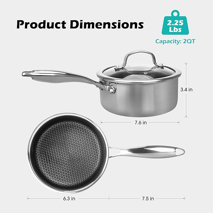 2 Quart Nonstick Saucepan with Glass Cover, Stainless Steel Induction Sauce Pan with Honeycomb Carving, Non-stick Sauce Pot, Compatible with All Cooktops, Dishwasher Safe