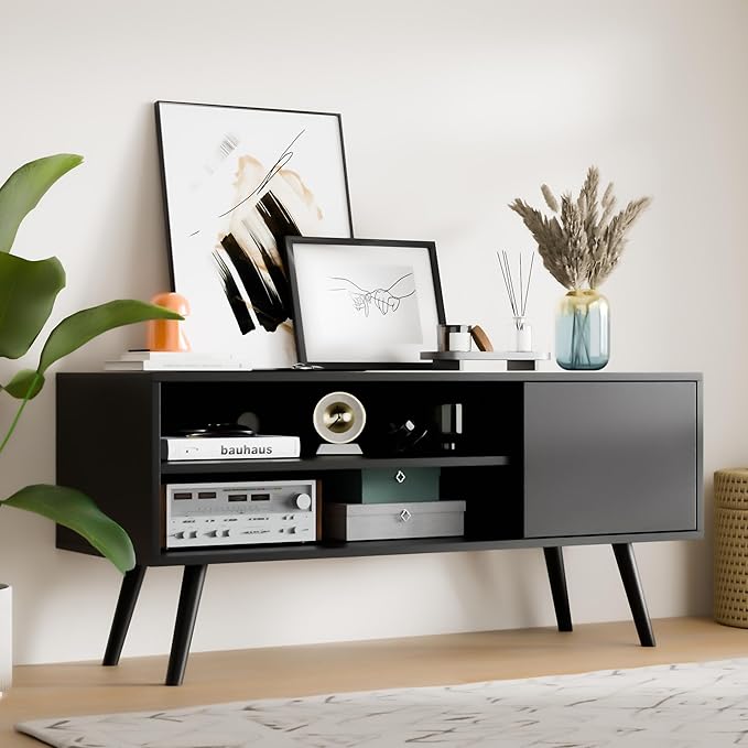 Cozy Castle TV Stand for 48 Inch TV, Mid Century Modern Entertainment Center with Storage Cabinet, TV Media Console for Living Room, Bedroom, Black