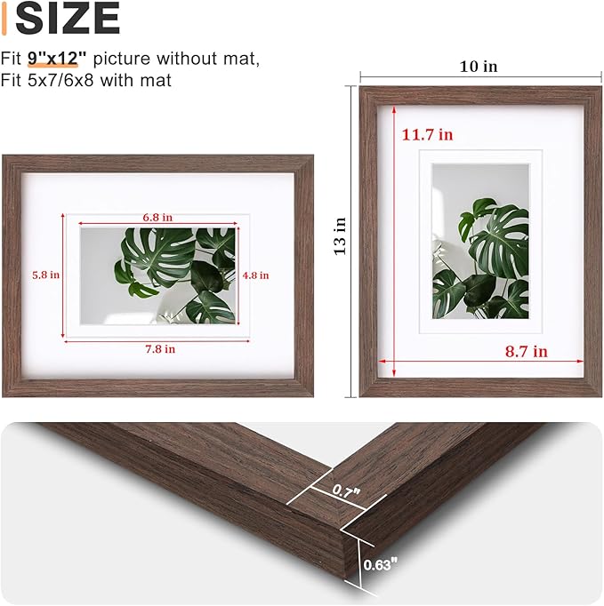 Egofine 9x12 Picture Frame Made of Solid Wood with Plexiglass, Display Pictures 5x7/6x8 with Mat or 9x12 Without Mat for Tabletop and Wall Mounting, Rustic Brown
