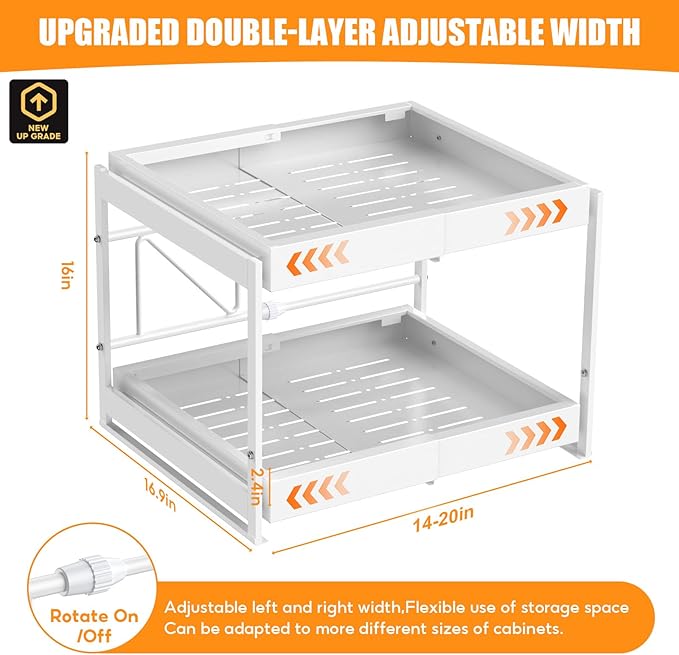2-Tier Expandable Pull Out Cabinet Organizer, 16.9" Deep Heavy-Duty Slide Rail Slide Out Drawer Organizers with Adhesive Nano Film for Pots, Roll out Shelf Storage for Kitchen & Pantry Storage,White