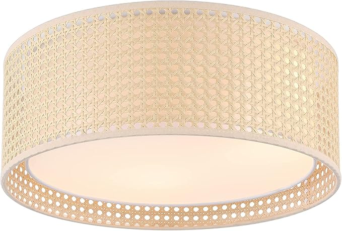 WINGBO 20" Modern 5-Light Flush Mount Ceiling Light Fixture with Rattan & Fabric Double Drum Shade for Bedroom Living Room Dining Room Hallway Entryway, Khaki