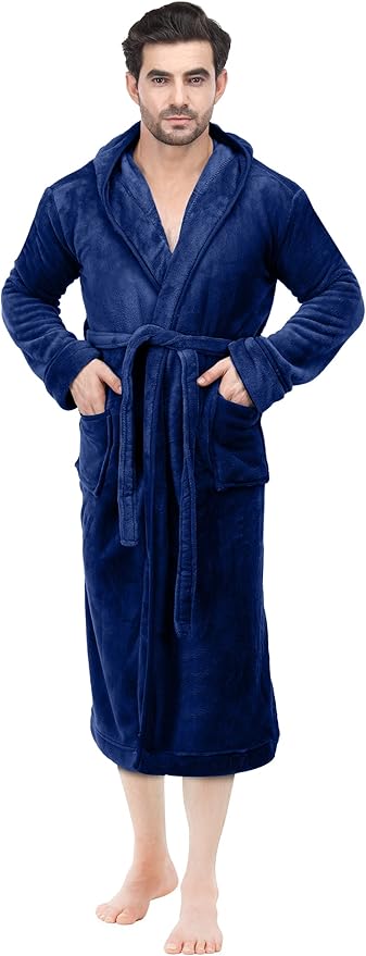 NY Threads Mens Robe with Hood, Luxury Plush Fleece Hooded Mens Bathrobe, Spa Bath Robe for Men