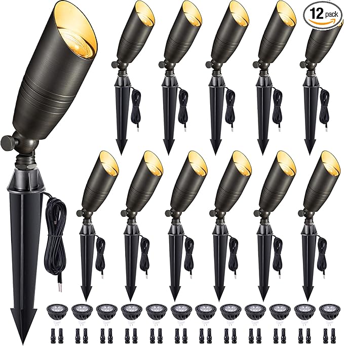 Die-Cast Brass Spot Light Outdoor - 12V LED Uplighting Waterproof, Low Voltage Landscape Lights Direct Wire, Bronze for Fence Fountain with Daytime White MR16 Replaceable Bulbs (12 Pack)