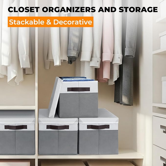 Extra Large Storage Baskets with Lids 6 Pack, 33 QT Blanket Basket for Organizing/ Stackable Decorative Closet Organizers and Storage Box for Clothes Towels/ Toy Organizers Bins with Handles/ 16x12