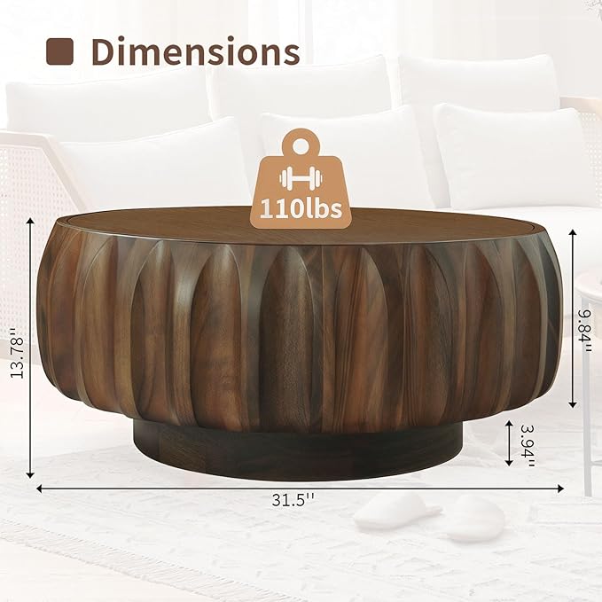 31.5" Drum Coffee Table Modern Unique Fluted Tea Table Contemporary Wood Round Coffee Table with Fluted Centry Table for Living Room Walnut