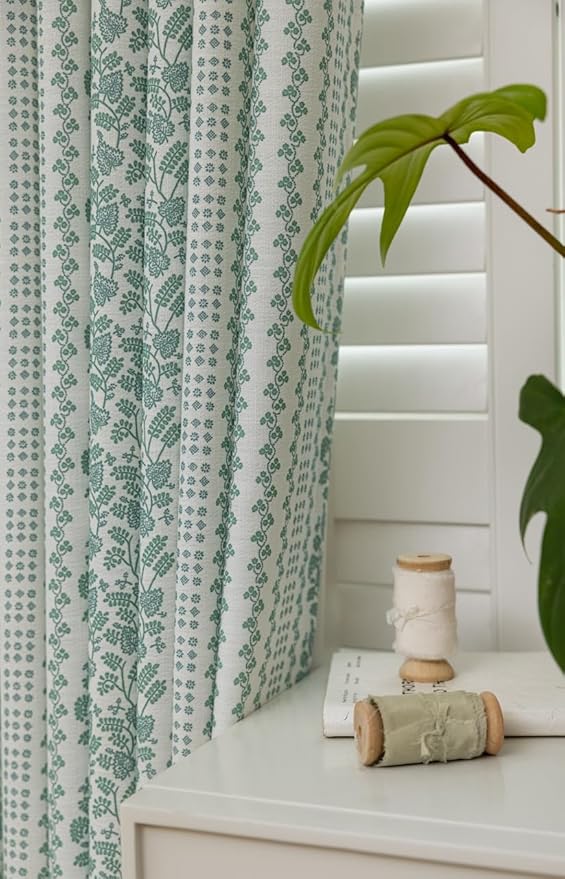 Linen Blend Pinch Pleated Curtains for Living Room, Bedroom, Dining Room - Light Filtering Curtains 2 Panels Set - Luxury and Modern Floral Printed Design - Summer Green, 30" W x 108" L