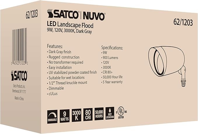 Nuvo Lighting 62/1203 LED Landscape Flood Fixture, Dark Gray, 9W, 120V, 3000 Kelvin Temp, 900 Lumens Output, 50000 Average Rated Hours, Circular LED Module Bulb, Rugged Construction 6.25 in