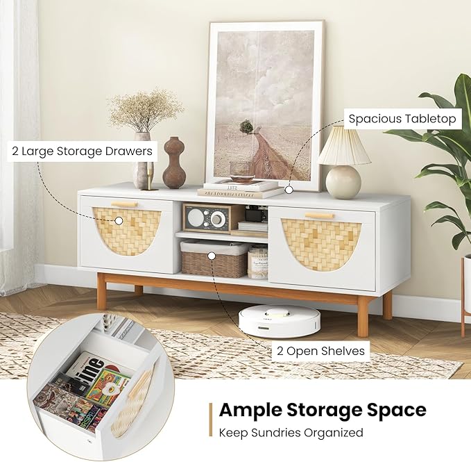 Tangkula White TV Stand for 55 Inch TVs, Mid Century Modern Entertainment Center with 2 Drawers & Bamboo Woven Fronts, Solid Wood Legs, Boho TV Console Table for Living Room (White, 47.5”, for 55"TV)