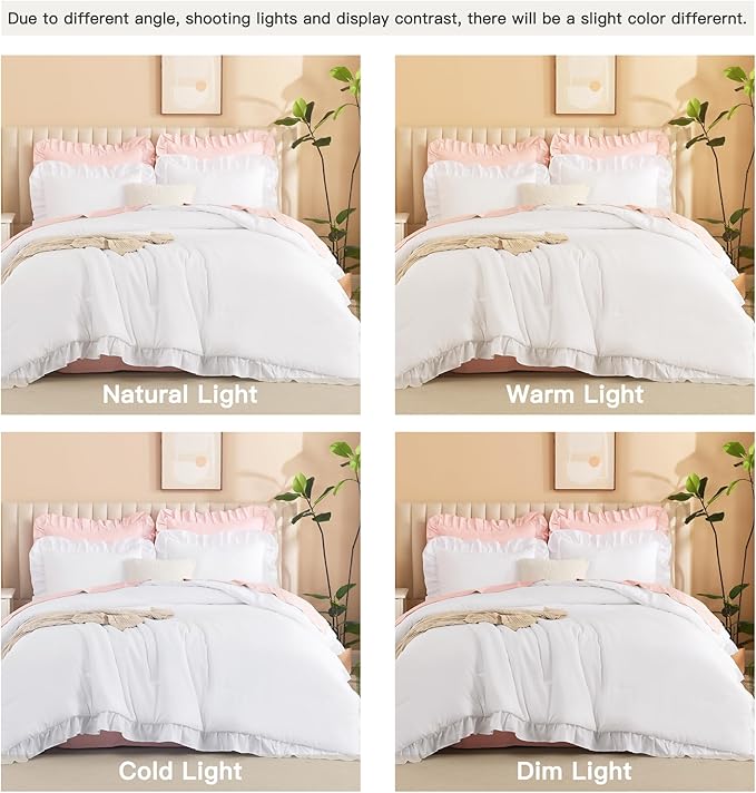 Litanika Super King Plus Comforter Set White, 3 Pieces Boho Vintage Solid Ruffle White Comforter Bedding Set, Shabby Chic All Season Soft Lightweight Bed Set (120x128In Comforter & 2 Pillowcases)