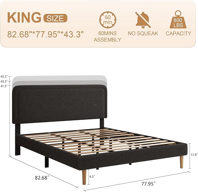 King Size Boucle Platform Bed Frame, Anti-Collision Soft Rounded Corners, Adjustable Headboard, No Box Spring Needed, Easy Assembly, Noise Free, Dark Grey
