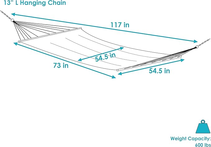 Sunnydaze Woven Double Hammock for Outside with Crocheted Edges and Spreader Bars - 600-Pound Weight Capacity Outdoor Hammock for Trees - Lagoon Stripes