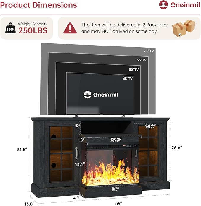 oneinmil Fireplace TV Stand with 3-Sided Glass, TV Cabinet for TVs up to 65", 59'' Modern Media Entertainment Center with Farmhouse Glass Door Storage Cabinets, for Living Room, Black