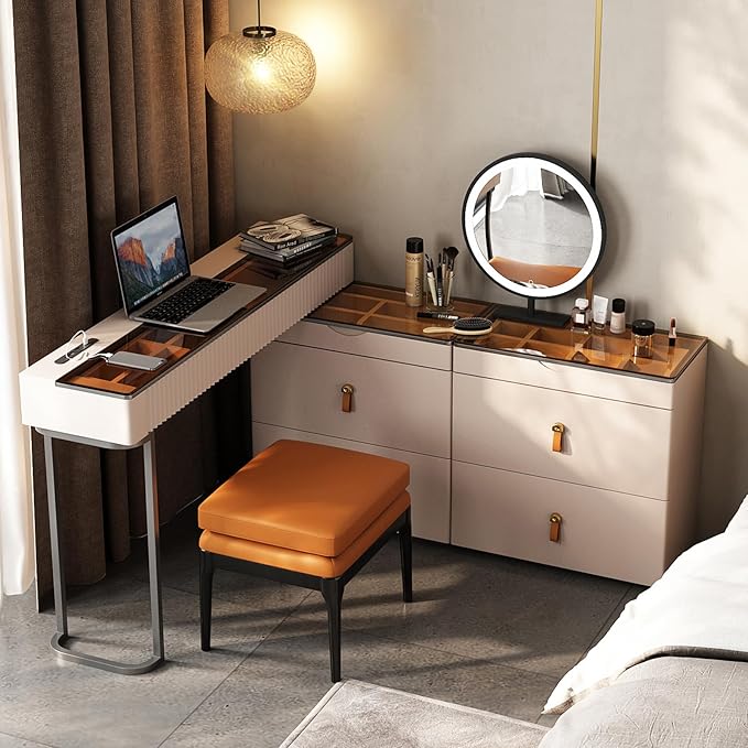 Lartis Makeup Vanity with Stool, Very Easy to Assemble,Retractable TV Cabinet Combination, Dressing Table Desk in one, Super Storage