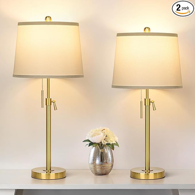 Gold Table Lamps Set of 2, Adjustable Height Tall Lamp with White Shade 3 Color Temperature Pull Chain Modern Brass Lamp for Living Room Bedroom Bedside End Table Nightstand (9W LED Bulbs Included)