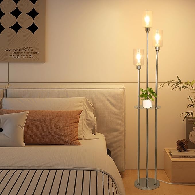 HMVPL Modern Floor Lamps for Living Room, Silver Floor Lamp for Bedroom with Acrylic Shelves, 3-Light Chrome Standing Lamp with Glass Shades, On/Off Foot Switch, Tall Lamp for Corner Office (66")