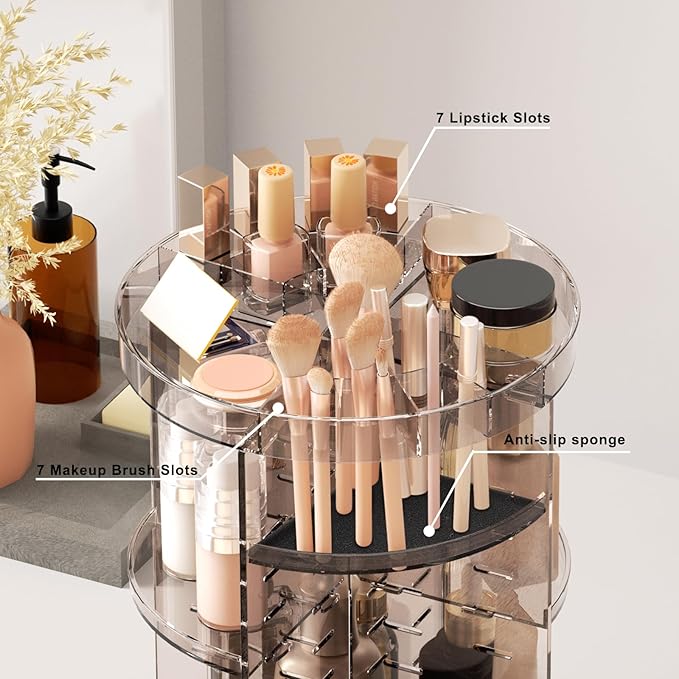 360 Rotating Makeup Organizer with Lipstick Slots, DIY 8 Adjustable Height Spinning Skincare Organizers, Brush and Perfume Storage Carousel, Cosmetic Display Case for Vanity Bathroom Countertop