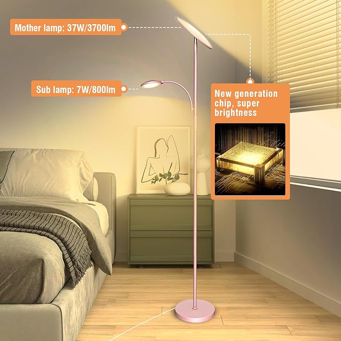 Pink Floor Lamps for Living Room, 44W/4500LM Super Bright 2 in 1 LED Floor Lamp with Remote, Stepless Dimmable, 69" Tall Standing Floor Lamp with Bendable Reading Light for Bedroom Office