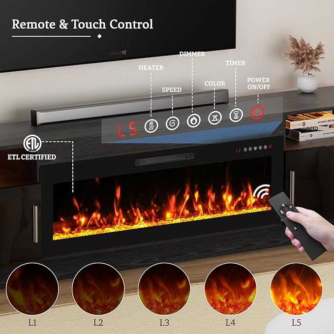 80'' TV Stand with 42''Fireplace-Black Entertainment Center for 90 inch TV- TV Cabinet with LED Light, Storage, High Glossy Door, Modern TV Console for Living Room