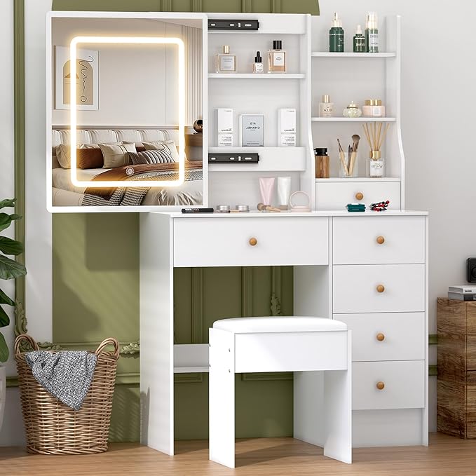 JBLCC Makeup Vanity Desk with Lighted LED Mirror, White Vanity Table with 6 Drawers & Storage Shelves, Modern Dressing Table for Bedroom, Small Vanity Set with Lights