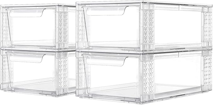 4 Pack Clear Stackable Storage Drawers, 3.95" H Easily Assemble Acrylic Organizer Bins - Multi-Use for Make up, Closet, Pantry, Bathroom, Medicine, Kitchen Cabinet & Undersink Organization