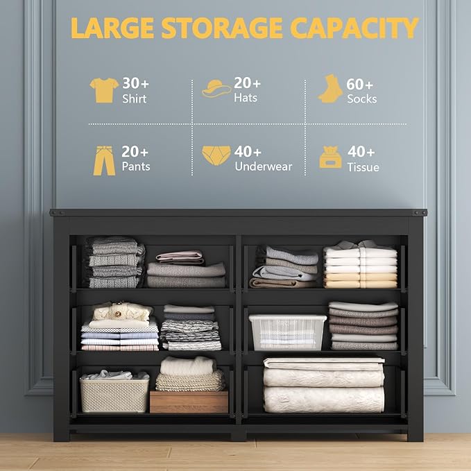 Black Dresser for Bedroom, 47.3" Modern Dresser for Closet TV Stand, 6 Drawer Wood Dressers & Chest of Drawers with Black Knobs, Wide Closet Storage Organizer for Living Room, Hallway