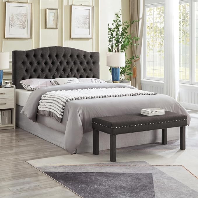 24KF Boucle Upholstered Tufted Button Queen Headboard and Comfortable Fashional Padded Queen/Full Size headboard,6025-Q-Boucle-Dark Gray