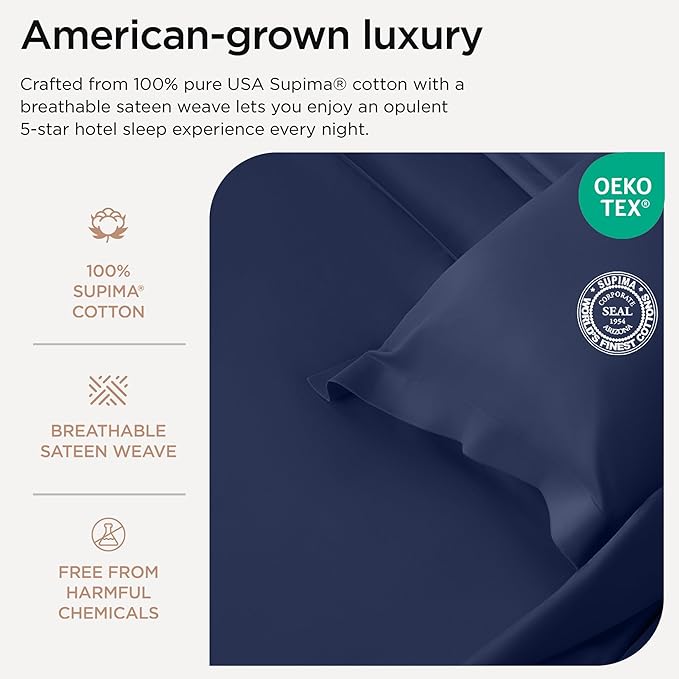 Threadmill California King Sheets, Certified American Supima Cotton Sheets, 1000 Thread Count Hotel Quality Sheets, 4 Piece Luxury Bed Sheets Set with Elasticized Extra Deep Pocket, Folkstone Blue