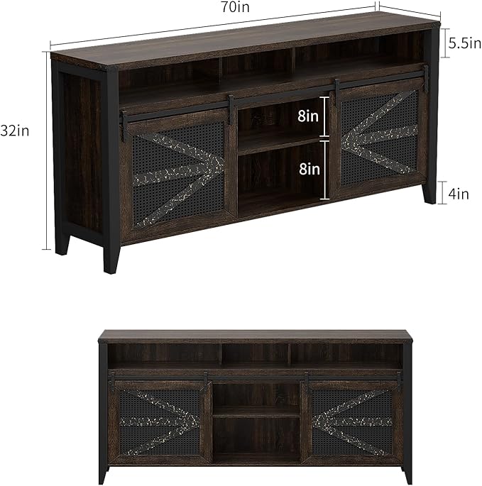 VFK 70 Inch TV Stand for TVs up to 70", Rustic Farmhouse Media Console with Sliding Barn Doors, 6 Drawers, Entertainment Center for Living Room