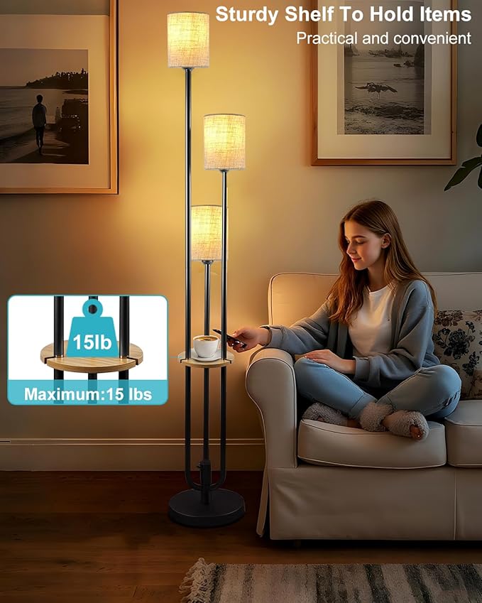 Lightdot 64Inch Floor Lamp with Table Dimmable Floor Lamp for Living Room 3000K Mid Century Modern Black Tall Standing Lamp with Shelf Candle Holder Style for Bedroom Corner(Bulbs Included)