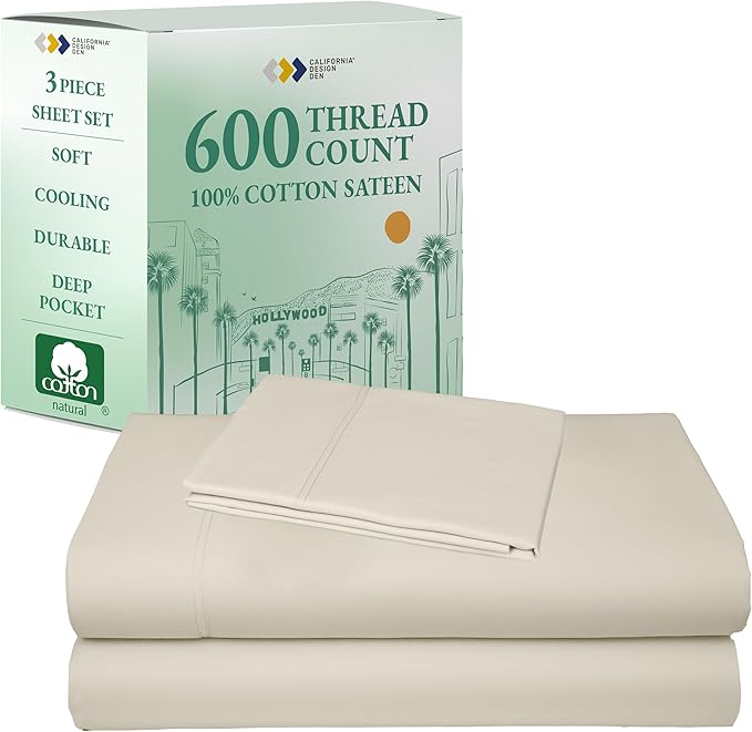 California Design Den Luxury Twin Sheet Set - 100% Cotton, 600 Thread Count Deep Pocket Twin Sheets, Soft Hotel-Quality Bedding with Sateen Weave - Creamy Beige