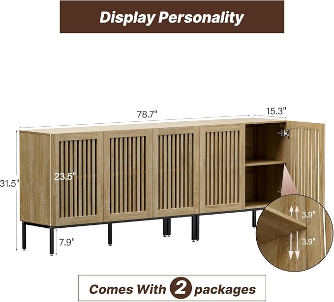 Farmhouse TV Stand for TVs up to 85 inch, 2 in 1 Entertainment Center TV Console with Storage Cabinets and Metal Base,Media Console for Living Room,Oak