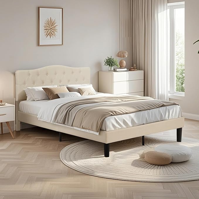 VECELO Queen Size Platform Bed Frame with Fabric Upholstered Headboard and Wooden Slats Support, No Box Spring Needed/Easy Assembly,Beige