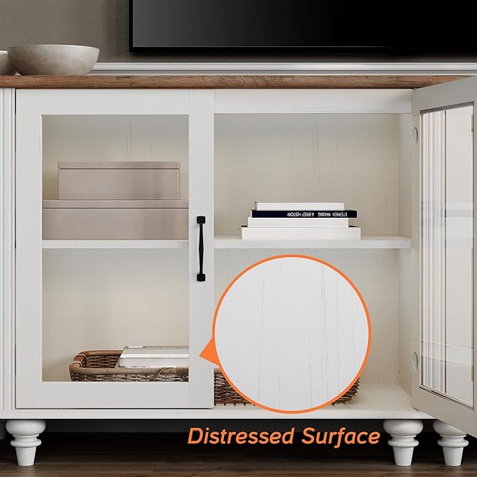 Wampat Modern TV Stand for TVs up to 110 inch, 4 in 1 Entertainment Center with Storage Cabinets and 4 Glass Door, Media Console with 6 Drawer Dresser for Living Room, White