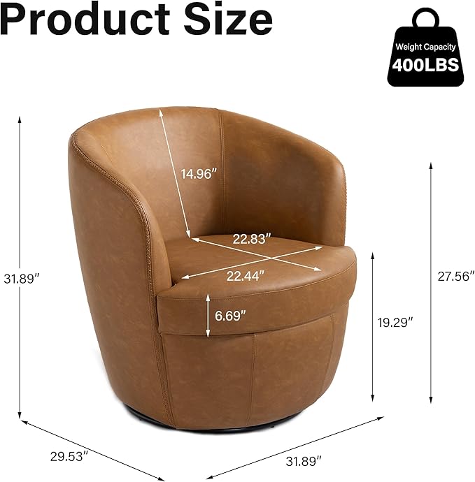 Swivel Barrel Chair, Modern Round PU Leather Accent Armchair for Living Room, Bedroom, Comfy Club Reading Chairs for Adults (Leather Light Brown, Set of 2)