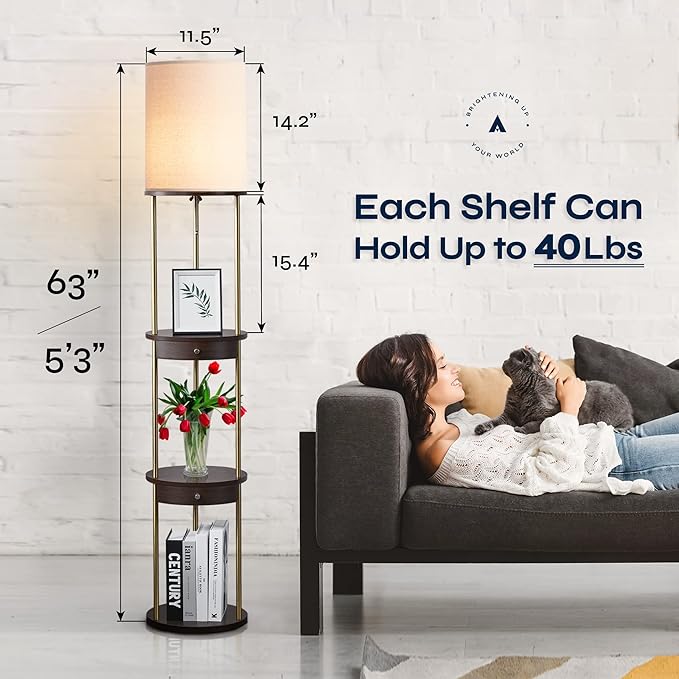 ATAMIN 63" LED Floor Lamps for Living Room, Display Shelf for Collectibles, Room Storage Shelf with Drawer, Corner Lamp for Bedroom, Floor Lamp with Shelves