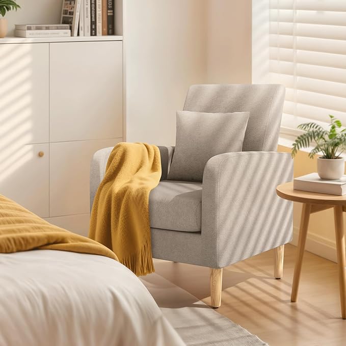 Magshion Mid-Century Accent Chair for Living Room, Comfy Reading Chair for Bedroom, Upholstered Linen Fabric Armchair Single Sofa with Back Pillow & Wood Legs, 300 lbs Capacity, Beige
