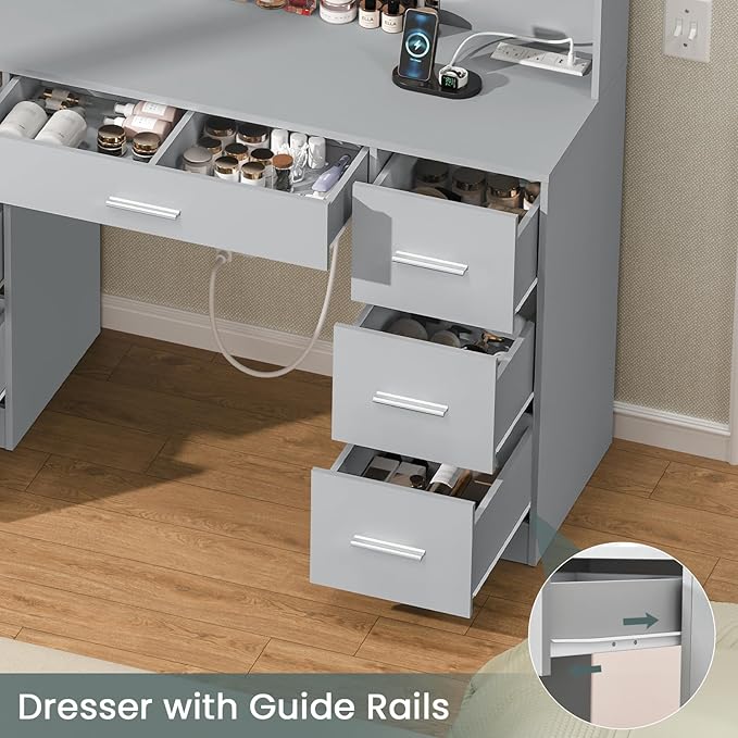 Quimoo Large Vanity Desk with LED Lighted Mirror & Power Outlet,Makeup Vanity Table with 7 Drawers,4 Shelves and 5 Hooks,Vanity Table, Vanity Desk Set for Bedroom,Bathroom,Grey