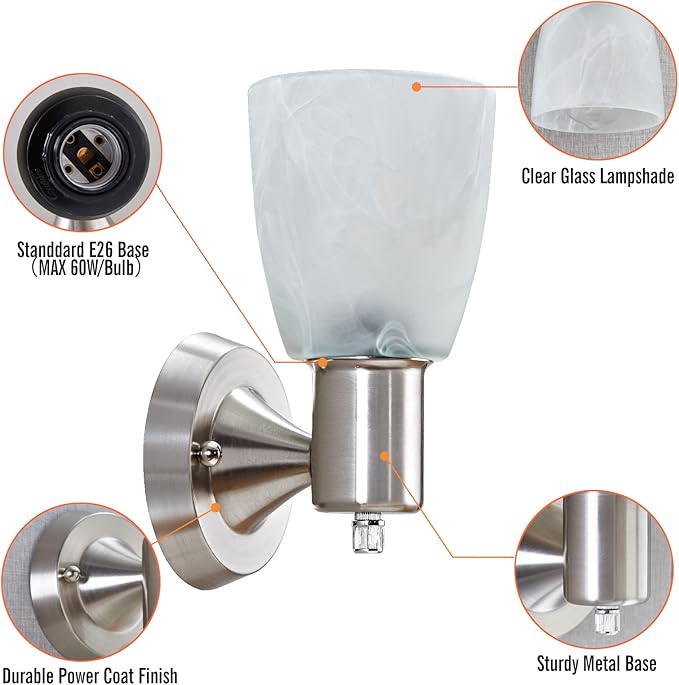 Wall Sconces Set of 2, Brushed Nickel Vanity Lights for Bathroom, Modern Wall Light Fixtures with Rotary Switch, Wall Mount Light with Frosted Glass, Farmhouse Wall Lamp for Bedroom Living Room