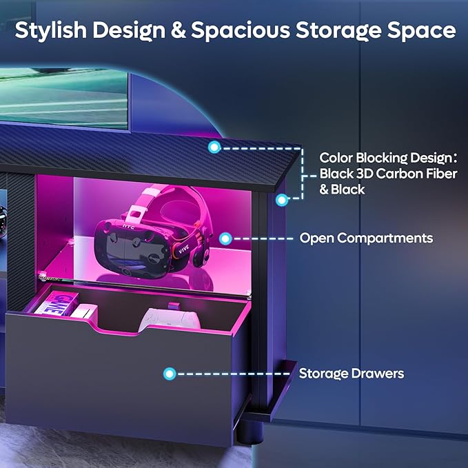 Bestier 70" Gaming Entertainment Center with Drawers, LED TV Stand for 75 Inch TV, TV Entertainment Stand for Living Room with Storage and Glass Shelves (Black 3D Carbon Fiber)