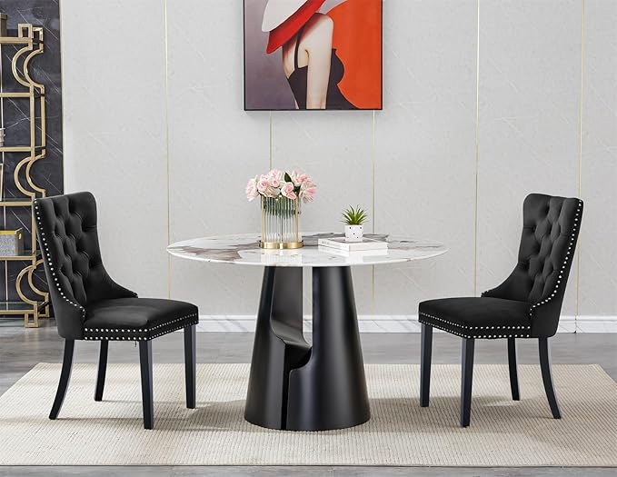 3-Piece Faux Marble Round Dining Table Set for 2, Modern Luxury Kitchen Table Set for 2 with Black Tufted Chairs,Circle Dining Tables with Pandora Grain Top and Black Pedestal Base