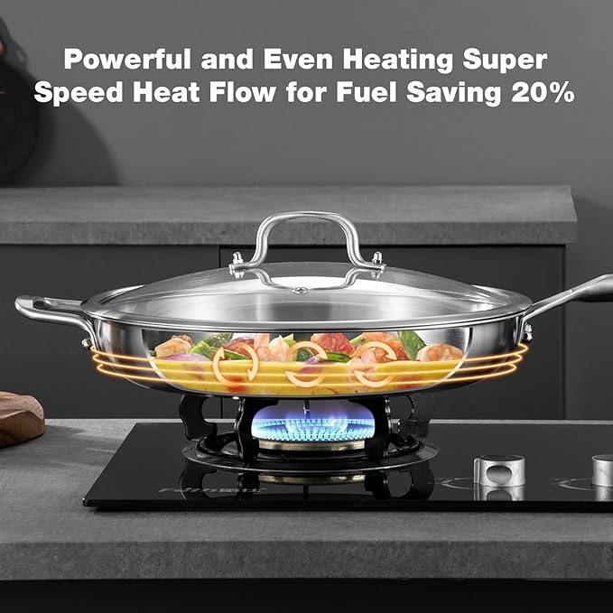 12-Inch Tri-Ply Fully Bonded Stainless Steel Frying Pan with Tempered Glass Lid | Chef's Skillet, Induction Compatible, Dishwasher & Oven Safe