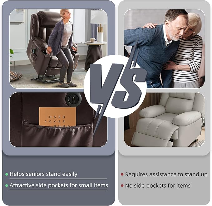 Power Lift Recliner Chair for Elderly, Electric Recliner Chairs for Adults with Massage and Heat, Cup Holders, Remote Control, USB Ports, Side Pockets, Leather (Saddle Brown)