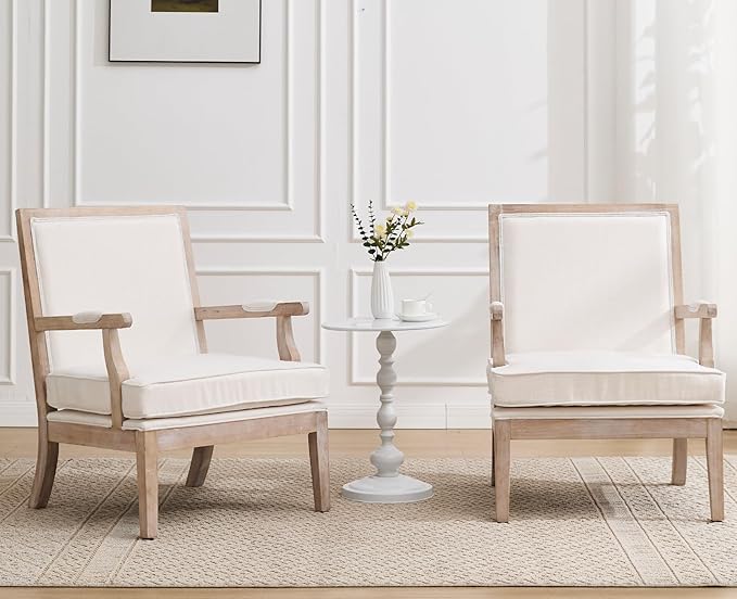 chairus Farmhouse Linen Accent Chair Set of 2, Upholstered Reading Chair with Solid Wood Frame Lounge Arm Chair with High Back for Living Room, Reception Room, Waiting Room, Beige