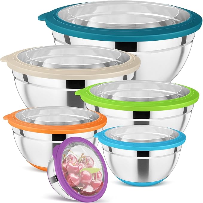 P&P CHEF Multicolor Mixing Bowls Set of 6, Stainless Steel Mixing Bowl with Visible Lids for Salad, Metal Nesting Serving Bowls for Kitchen Cooking Prepping Storing Food, 4.6/3.5/2.6/2/1.5/1 QT