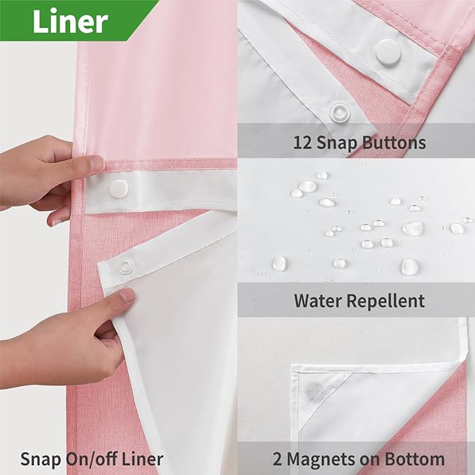 Extra Long No Hooks Needed Linen Textured Shower Curtain with Snap-in Fabric Liner Set,White Hotel Luxury Decor Shower Curtains for Bathroom,Waterproof & Washable,71Wx86H,Pink