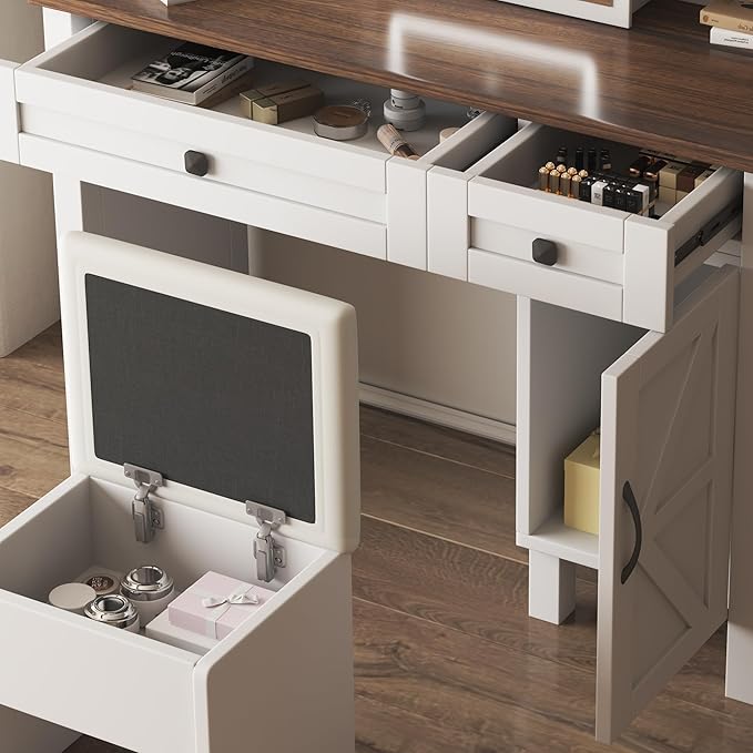 Makeup Vanity Desk with Sliding Mirror and Lights, Dressing Table Set with Hairdryer Holder, Storage Shelves and Drawers, Large Vanity with Stool (Includes Upholstery &Storage Space) for Bedroom