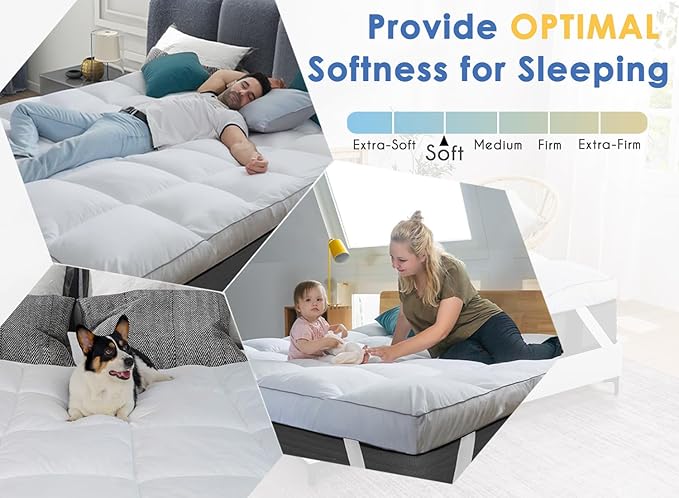 Marine Moon Mattress Topper Full Cooling Plush Pillow Top Mattress Pad Feather Bed Topper, Extra Thick Hotel Quality Down Alternative Pillow Topper Full for Back Pain, Soft Bed Toppers