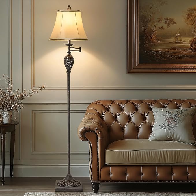 Traditional LED Floor Lamp with 350° Adjustable Swing Arm Lamp – Vintage Standing Pole lamp for Living Room, Bedroom and Office – Rustic Upright Floor Light for Home Décor with Faux Silk Fabric Shade